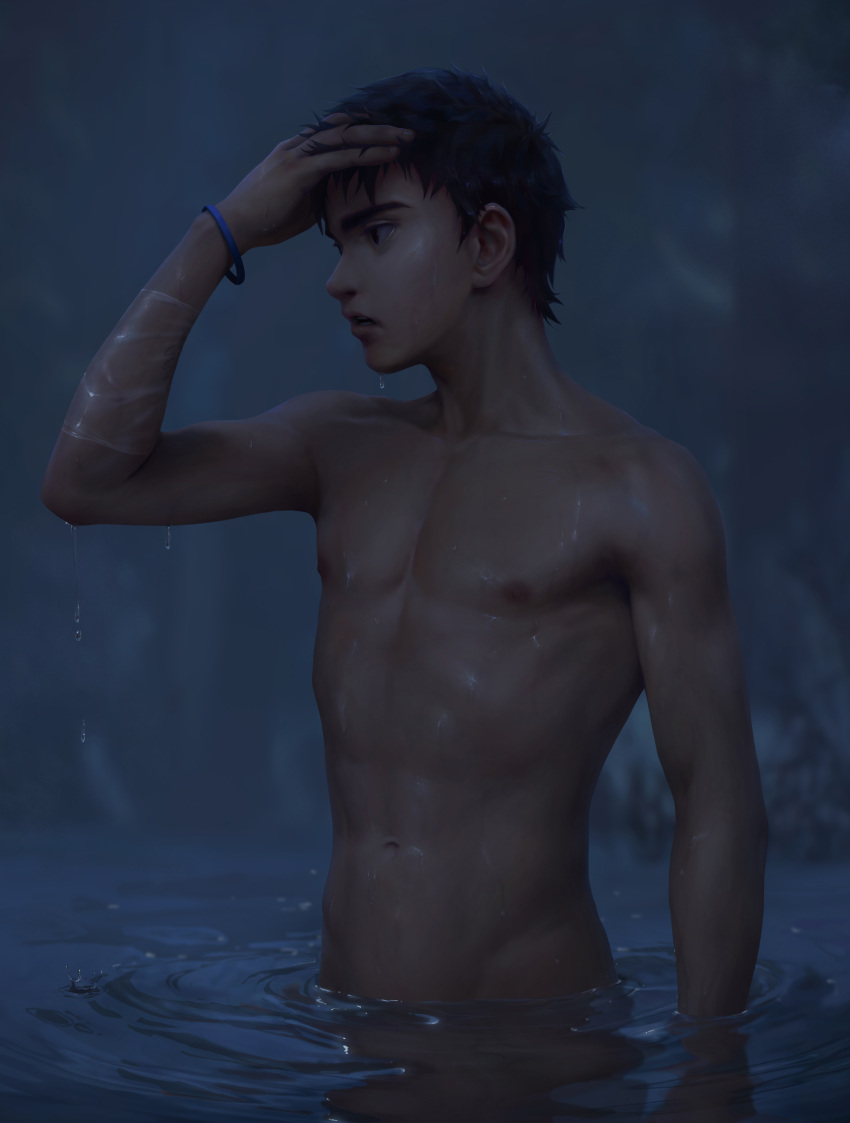 1boy abs absurdres beitemian black_hair bracelet hand_on_own_head highres jewelry life_is_strange male_focus navel nipples nude parted_lips partially_submerged pectorals sean_diaz short_hair solo toned toned_male water wet wet_hair