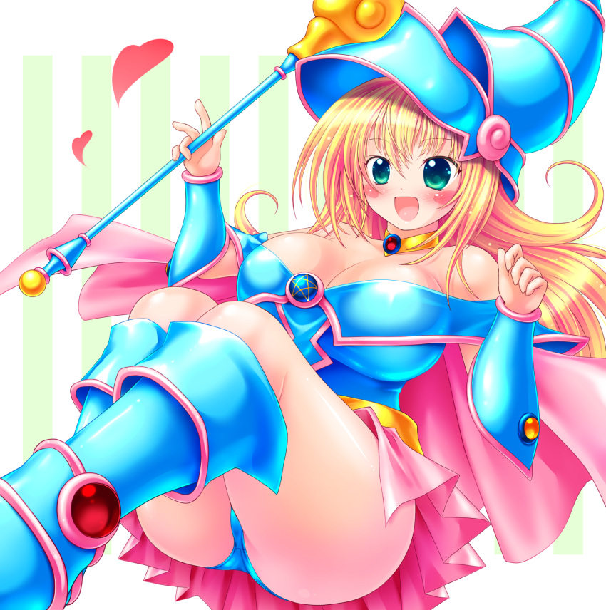 1girl ass bare_shoulders blonde_hair blue_boots blue_panties blush boots breasts capelet choker cleavage dark_magician_girl detached_sleeves duel_monster female green_eyes hat highres kogarashi_(wind_of_winter) large_breasts long_hair open_mouth panties sitting smile solo staff underwear wide_hips wizard_hat yu-gi-oh!