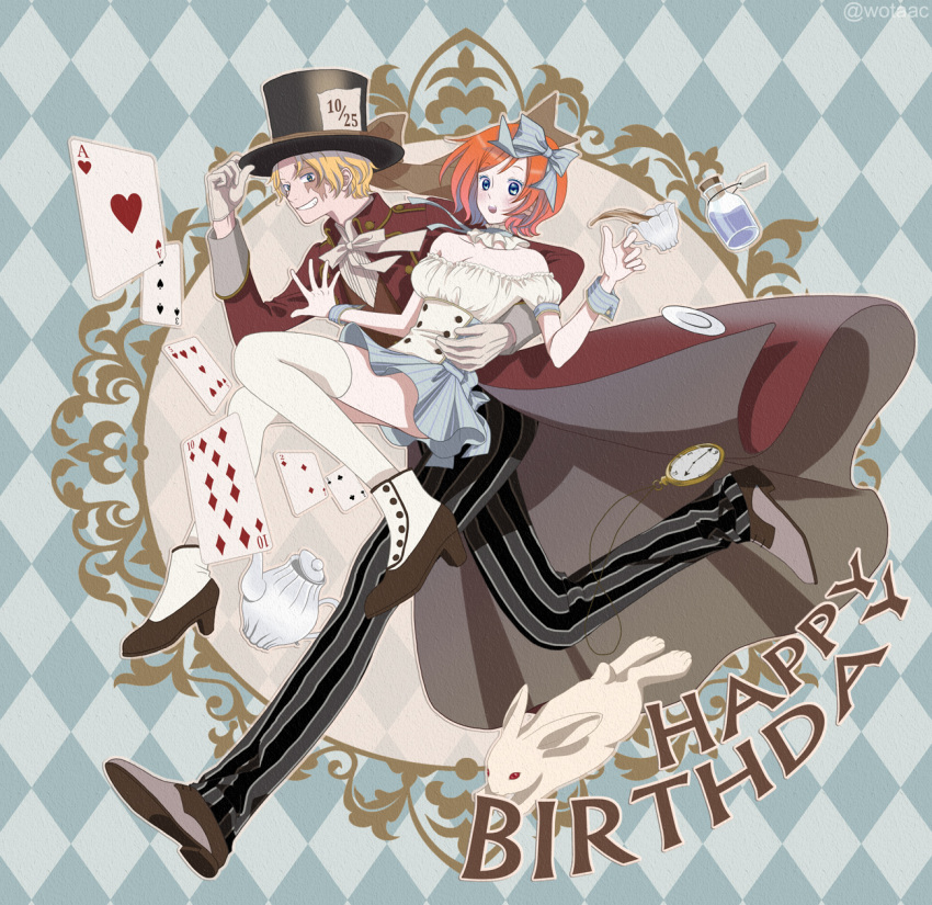 1boy 1girl alice_in_wonderland alternate_costume bow card clock koala_(one_piece) one_piece playing_card pocket_watch rabbit running sabo_(one_piece) saddle_shoes saucer shoes spatterdashes teacup top_hat watch