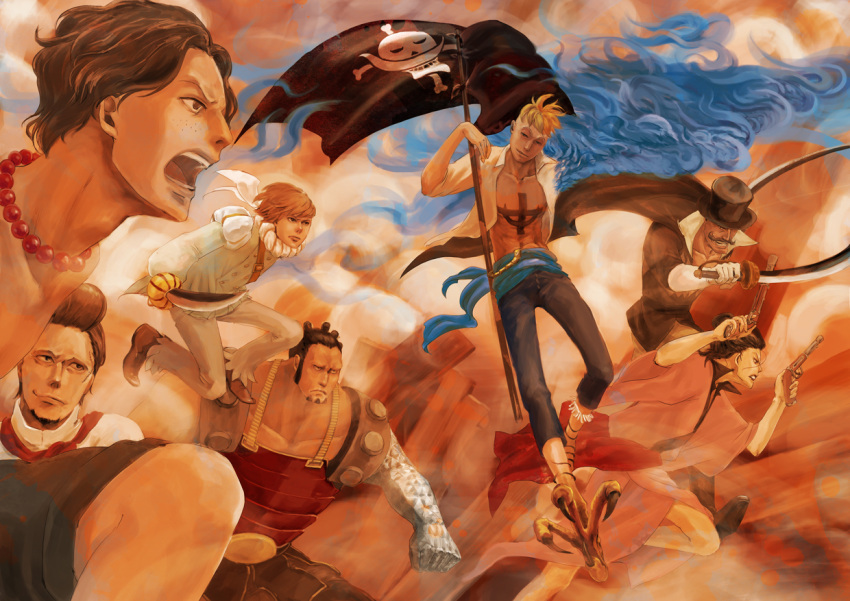 androgynous black_hair blonde_hair blue_fire brown_hair facial_hair fiery_wings fire flag flower_sword_vista haruta_(one_piece) izou_(one_piece) jewelry jolly_roger jozu marco multiple_boys mustache necklace one_piece open_mouth pirate pirate_flag portgas_d_ace thatch