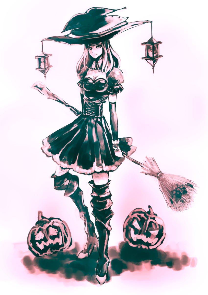1girl boots breasts broom cleavage halloween hat jack-o'-lantern lantern long_hair original pumpkin simple_background smile solo thigh_boots white_background witch witch_hat