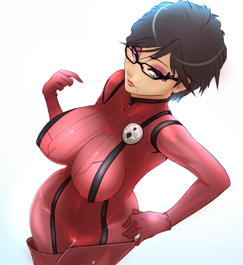 1girl bayonetta bayonetta_(character) bayonetta_2 black_hair breasts cosplay costume_switch erect_nipples eyeshadow female from_above glasses jeanne_(bayonetta)_(cosplay) large_breasts looking_at_viewer makeup mole mole_under_mouth short_hair smile solo superboin