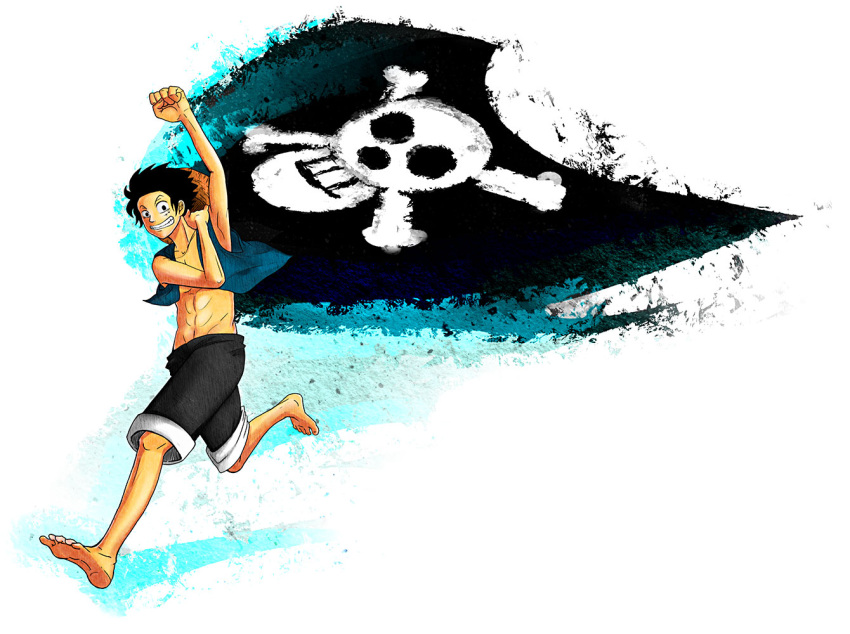 1boy jolly_roger male_focus monkey_d_luffy one_piece pirate running skull_and_crossbones solo