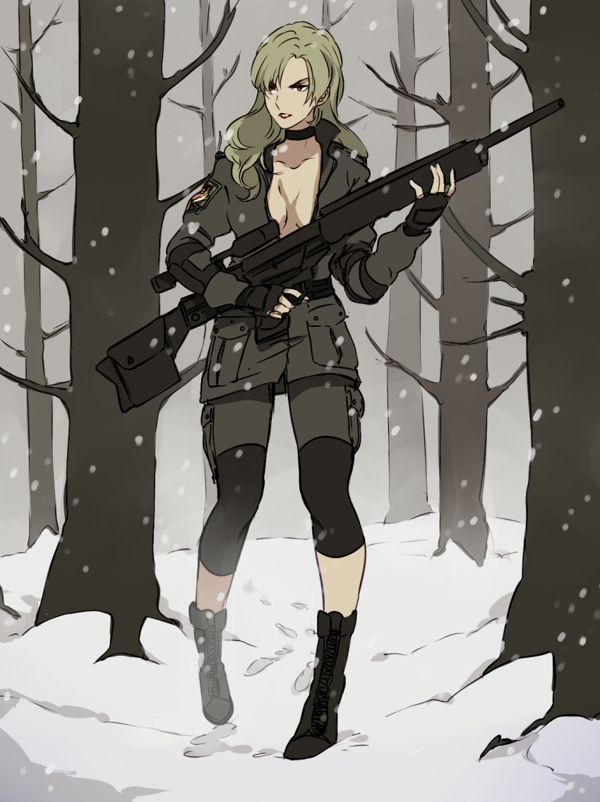 1girl ai-wa blonde_hair breasts choker cleavage fingerless_gloves full_body gloves gun metal_gear_(series) metal_gear_solid rifle sniper_rifle sniper_wolf snow solo tree weapon