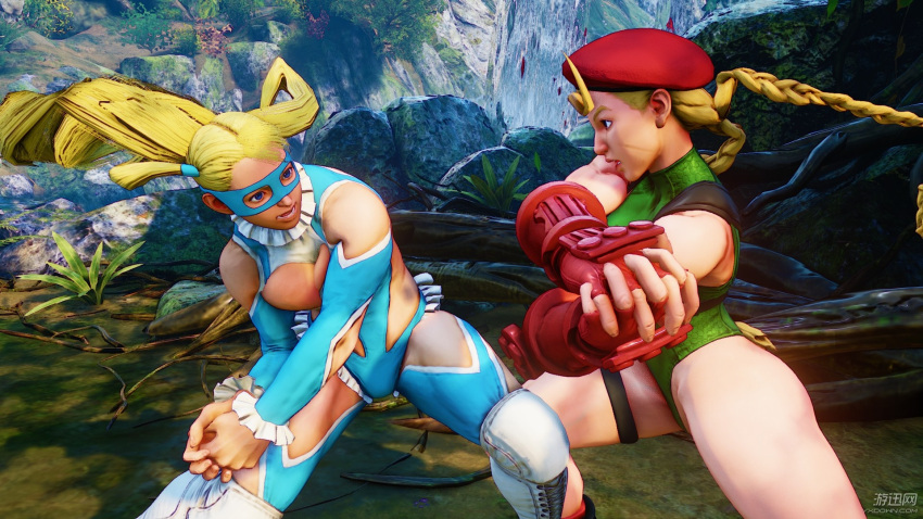 2girls ass bare_shoulders battle blonde_hair blue_eyes boots braid breasts cammy_white cleavage elbow_gloves female fighting fingerless_gloves gloves hand_on_own_knee harness hat highleg highleg_leotard large_breasts leotard lips long_hair mask multiple_girls nature outdoors plant rainbow_mika screencap street_fighter street_fighter_v thigh_strap twin_braids twintails very_long_hair wrestling_outfit