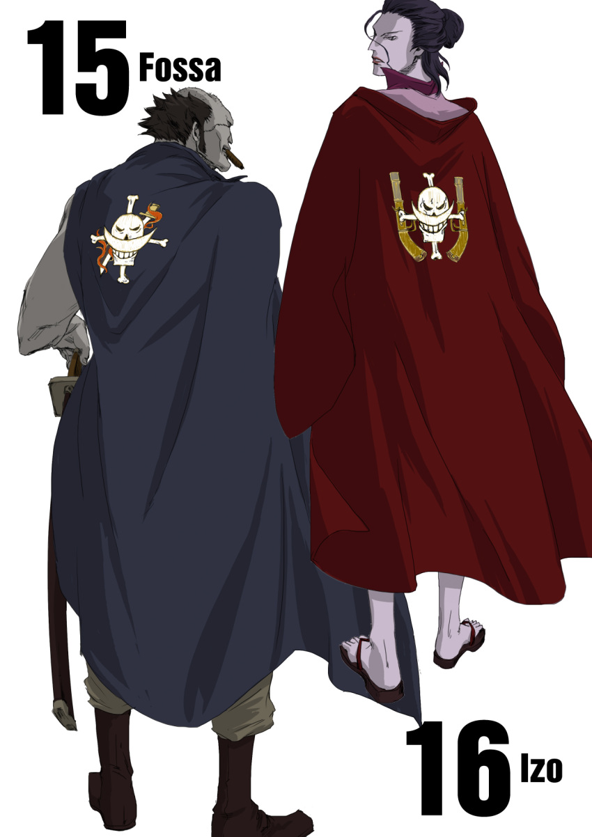 2boys back black_hair boots character_name fossa hair_bun izou_(one_piece) jolly_roger male_focus multiple_boys numbered one_piece sandals scar simple_background whitebeard_pirates