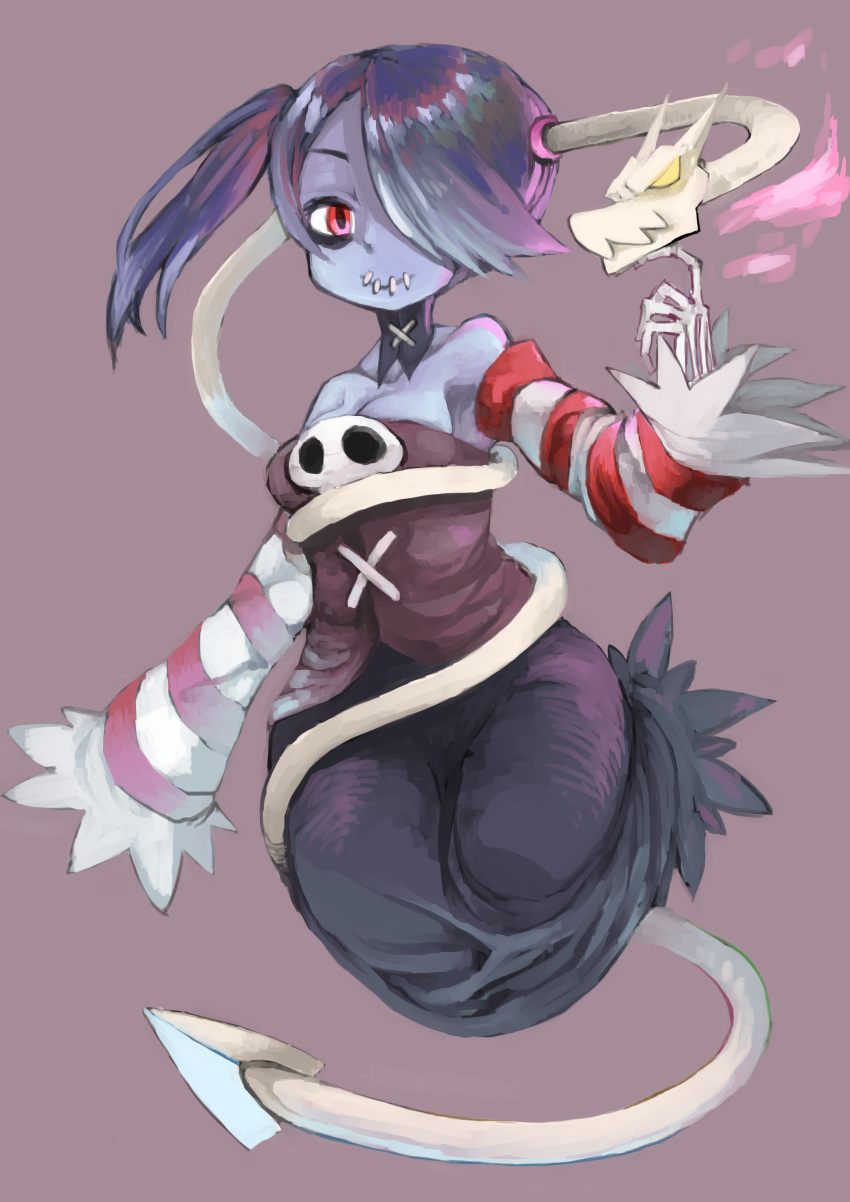 1girl blue_hair blue_skin detached_sleeves female hair_over_one_eye leviathan_(skullgirls) monster_girl red_eyes rugure skullgirls sleeves_past_wrists smile squigly_(skullgirls) stitched_mouth stitches zombie