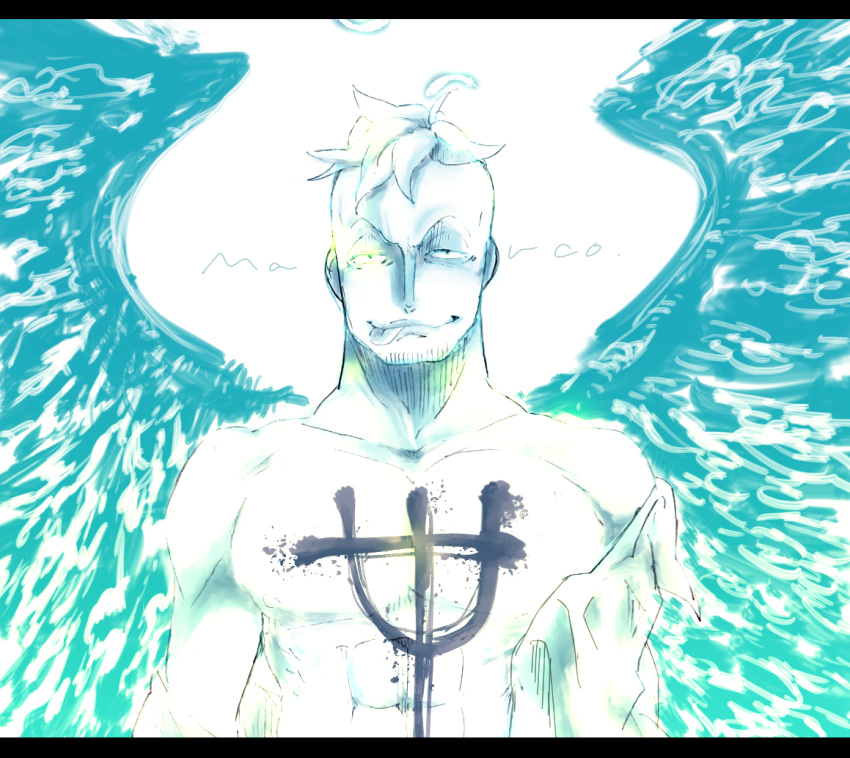 1boy blonde_hair blue_fire fiery_wings fire male_focus marco one_piece open_clothes open_shirt pirate shirt solo tattoo transformation whitebeard_pirates wings