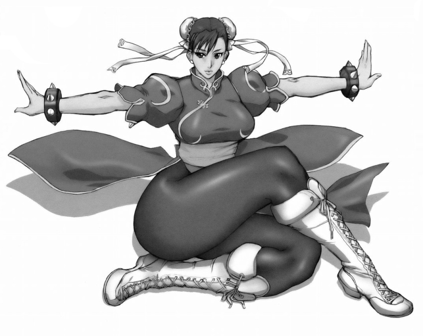 1girl artist_request boots bracelet breasts bun_cover china_dress chinese_clothes chun-li double_bun dress ear_studs earrings female full_body jewelry legs monochrome pantyhose pelvic_curtain sash short_sleeves simple_background solo spiked_bracelet spikes street_fighter thick_thighs white_background