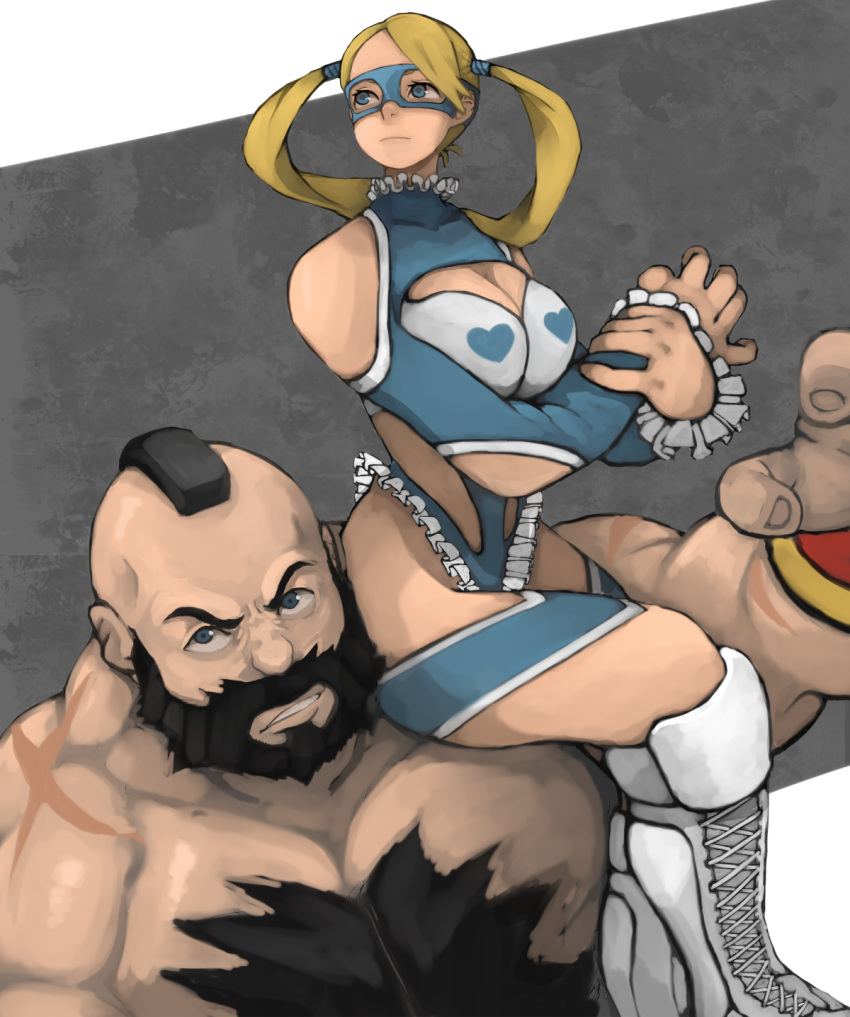 1boy 1girl bare_shoulders beard black_hair blonde_hair blue_eyes boots breasts chest_hair cleavage cleavage_cutout domino_mask facial_hair flexing knee_boots large_breasts mask mohawk muscle pose rainbow_mika shirtless sitting sitting_on_shoulder sonapo street_fighter twintails wide_hips zangief