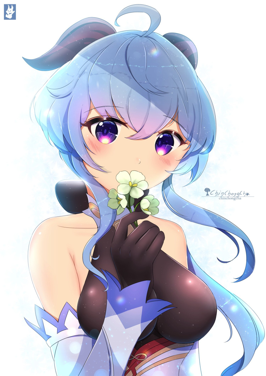ahoge artist_name bangs bare_shoulders bell black_gloves blue_hair blush breasts chinchongcha collarbone curled_horns detached_sleeves eyebrows_visible_through_hair flower ganyu_(genshin_impact) genshin_impact gloves gold_trim highres holding holding_flower horns large_breasts long_hair looking_at_viewer multicolored_eyes neck_bell qingxin_flower sidelocks solo upper_body white_flower white_sleeves