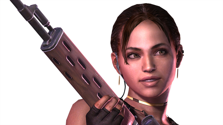 3d clenched_teeth face resident_evil resident_evil_5 sheva_alomar smile teeth weapon
