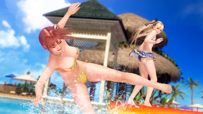 2girls 3d bikini breasts dead_or_alive dead_or_alive_xtreme_3_fortune honoka_(doa) large_breasts marie_rose multiple_girls official_art outdoors pool sky swimsuit