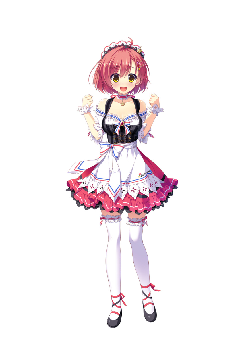 1girl ahoge ameto_yuki ankle_ribbon blush bow collar doumyouji_moemi dress female frilled_skirt frills full_body hair_ornament hairpin hooksoft lace lace_trim looking_at_viewer mary_janes official_art pure_x_connect redhead ribbon shiny shiny_skin shoes short_hair skirt smee solo standing straight_hair tagme thigh-highs transparent_background waitress waitress_uniform white_legwear yellow_eyes zettai_ryouiki