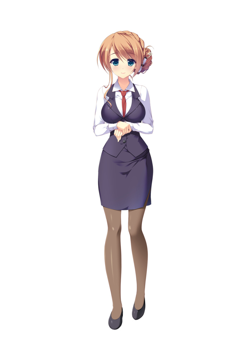 1girl ameto_yuki blush brown_hair brown_legwear collar female full_body green_eyes hair_ornament hooksoft long_hair looking_at_viewer makihara_shiho_(pure_x_connect) necktie office_lady official_art pantyhose pure_x_connect shiny shiny_skin shirt smee solo standing straight_hair tagme transparent_background