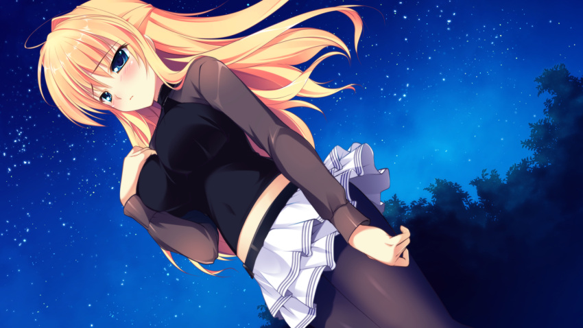 1girl belt black_legwear blonde_hair blue_eyes blush frilled_skirt frills game_cg kazamatsuri_koromo long_hair long_sleeves manatsu_no_yoru_no_yuki_monogatari midriff mikeou night outdoors pantyhose skirt sky solo star white_skirt