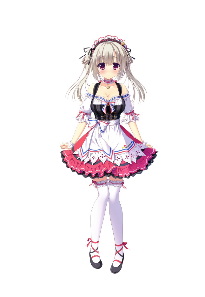 1girl ameto_yuki ankle_ribbon blush bow braids collar dress female frilled_skirt frills full_body grey_hair hair_bow hair_ornament hair_ribbon hooksoft lace lace_trim long_hair looking_at_viewer mary_janes official_art pink_eyes pure_x_connect ribbon shinozaki_ayumi_(pure_x_connect) shiny shiny_skin shoes skirt smee solo standing straight_hair tagme thigh-highs transparent_background two_side_up waitress waitress_uniform white_legwear zettai_ryouiki