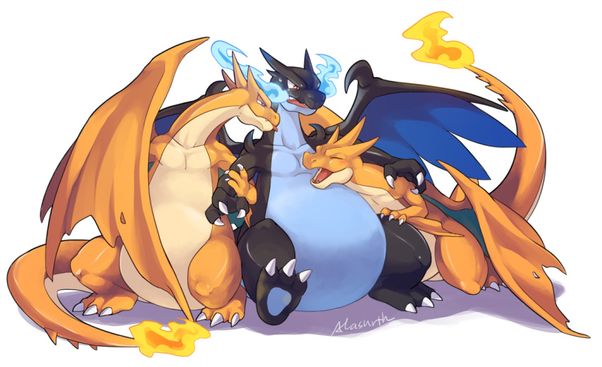 blue_fire blush charizard claws dragon fangs fire harem mega_charizard_x mega_charizard_y mega_pokemon glassesmido no_humans pokemon pokemon_(game) simple_background spikes tongue tongue_out wings