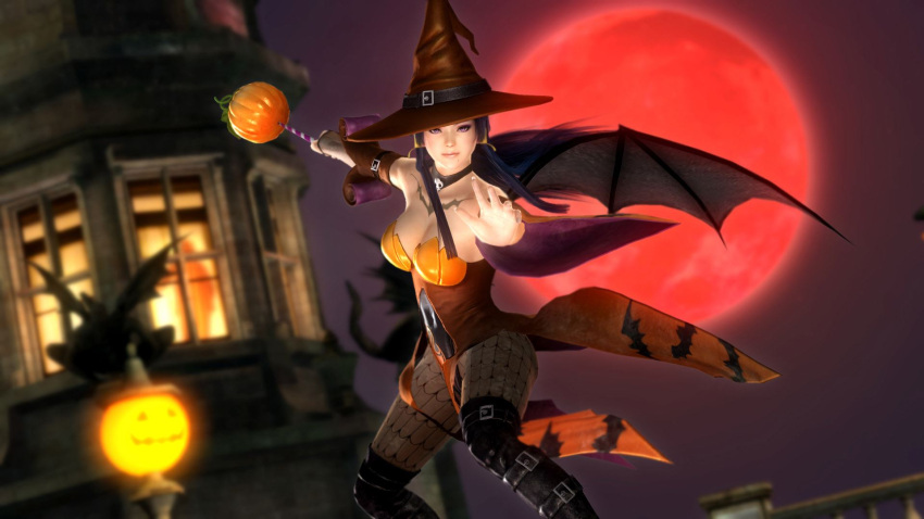 1girl 3d black_hair breasts broom cleavage dead_or_alive dead_or_alive_5 halloween large_breasts long_hair nyotengu pumpkin solo wallpaper witch