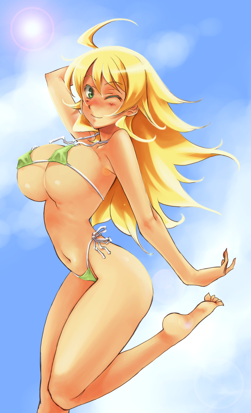 1girl ahoge antenna_hair arm_up barefoot bikini blonde_hair blush bouncing_breasts breasts clouds curvy feet female fuyube_rion green_bikini green_eyes groin highres hoshii_miki idolmaster jumping large_breasts leg_up legs long_hair looking_at_viewer micro_bikini mound_of_venus navel one_eye_closed outdoors pose shiny shiny_hair shiny_skin sky smile solo sun sunlight swimsuit thighs thong toes wink