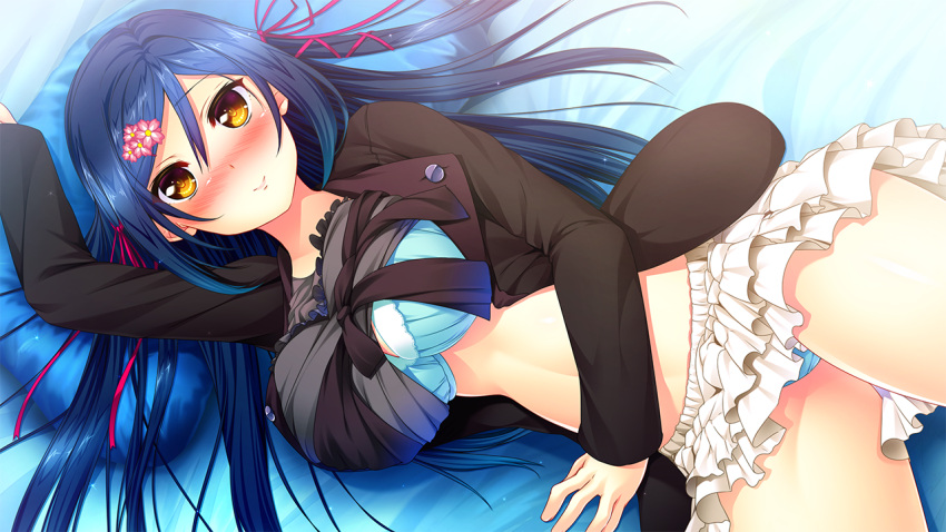 1girl bed blue_bra blue_hair blush bra breasts female game_cg giga_(company) highres kagami_suzuha large_breasts legs long_hair looking_at_viewer lying nironiro on_bed open_clothes panties pillow ren'ai_phase shirt_lift skirt smile solo thighs underwear yellow_eyes