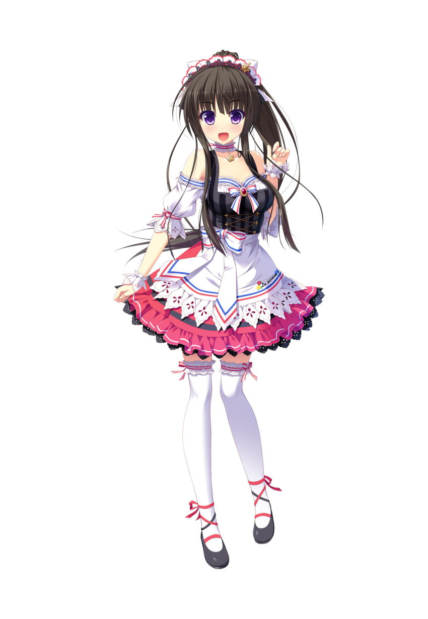 1girl ameto_yuki ankle_ribbon black_hair blush bow collar dress female frilled_skirt frills full_body hair_bow hair_ornament hair_ribbon hooksoft ichinose_sora lace lace_trim looking_at_viewer mary_janes official_art ponytail pure_x_connect ribbon shiny shiny_skin shoes skirt smee solo standing straight_hair tagme thigh-highs transparent_background very_long_hair violet_eyes waitress waitress_uniform white_legwear zettai_ryouiki