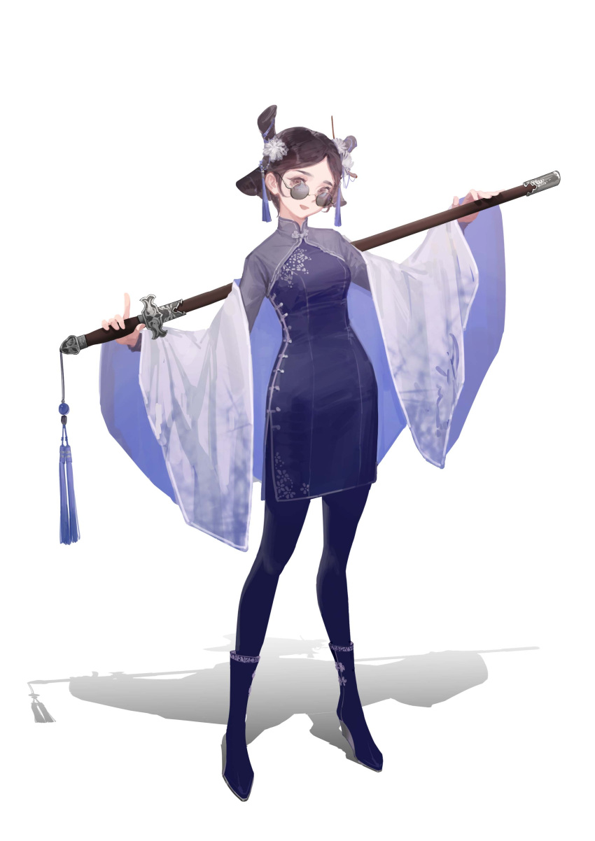 1girl absurdres black_hair blue_dress blue_footwear blue_pantyhose blue_theme boots breasts china_dress chinese_clothes dlgeria dress flower full_body hair_flower hair_ornament hair_ribbon hands_up head_tilt highres holding holding_sword holding_weapon index_finger_raised jacket legs_apart long_sleeves looking_at_viewer original outstretched_arms pantyhose ribbon round_eyewear shadow short_dress simple_background smile solo standing sunglasses sword toggles updo w_arms weapon white_background white_flower white_jacket wide_sleeves