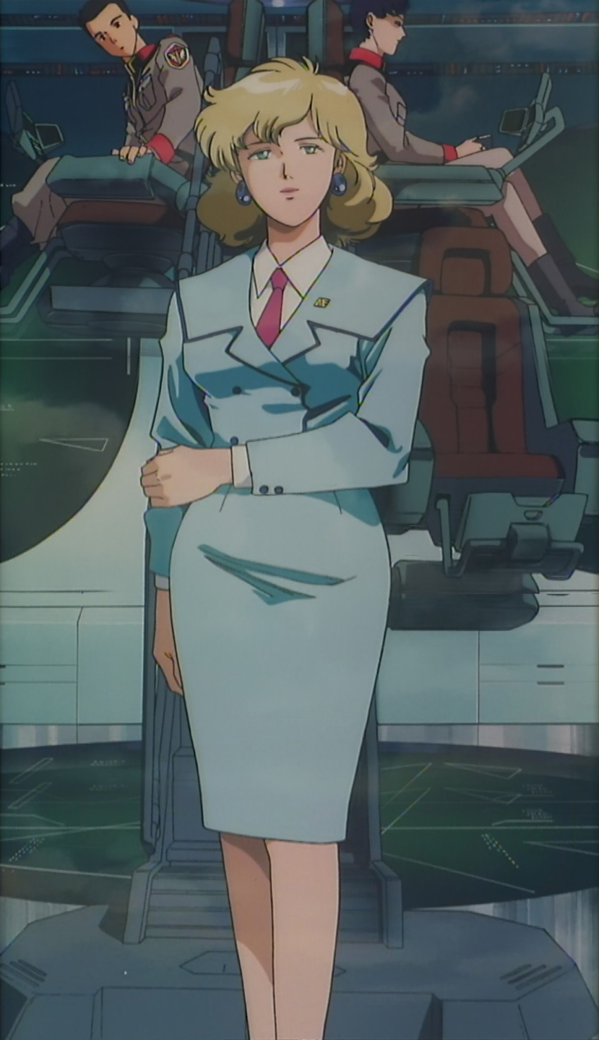 1boy 2girls 90s blonde_hair boots green_eyes gundam gundam_0083 highres military military_uniform multiple_girls nina_purpleton screencap short_hair skirt uniform