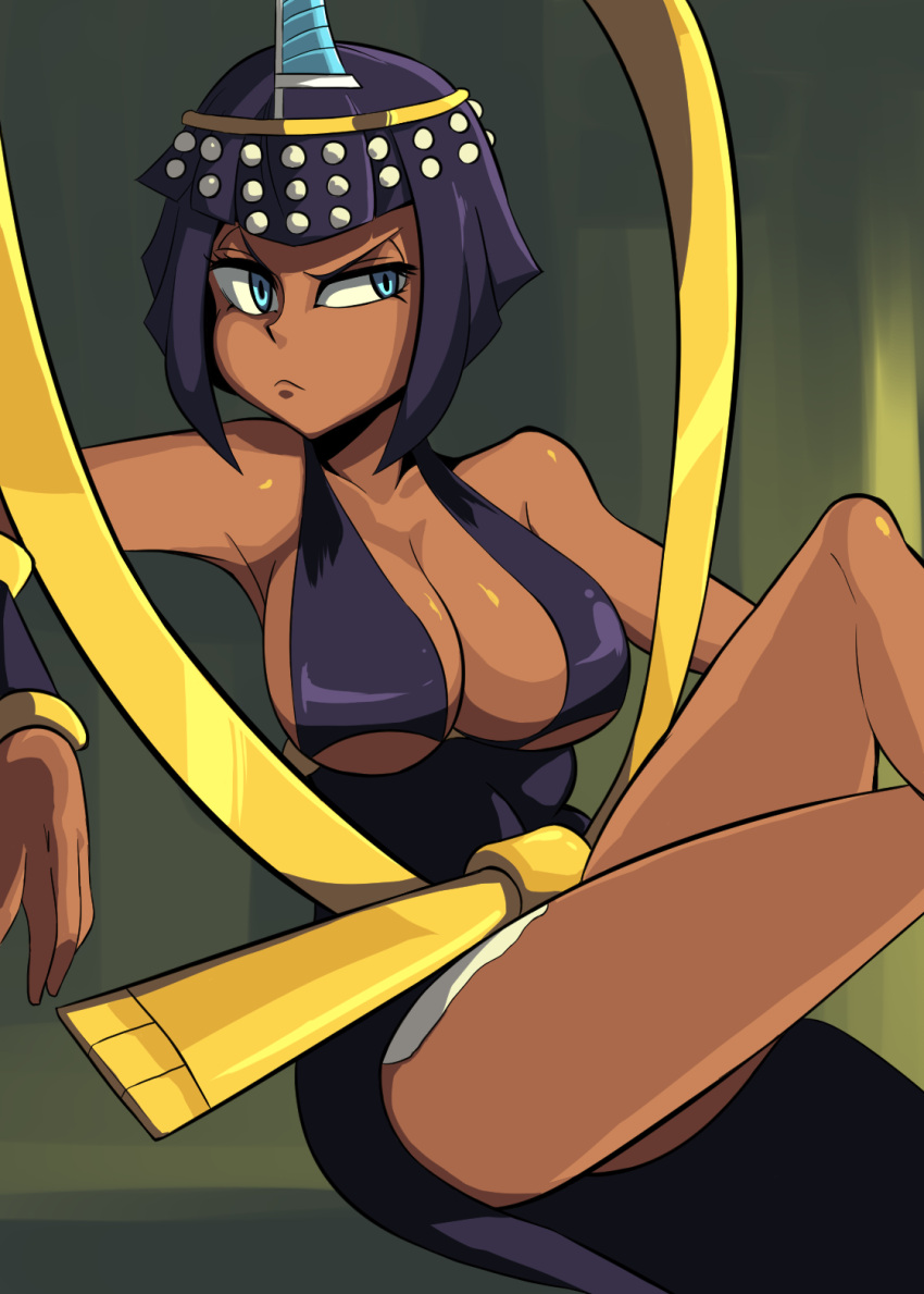 1girl bare_legs black_hair blue_eyes breasts cleavage dark_skin egyptian eliza_(skullgirls) female frown large_breasts matsuchachou short_hair skullgirls solo tagme