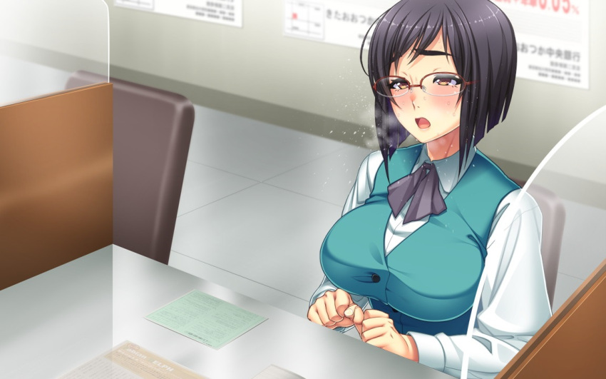 1girl artist_request black_hair blush brown_hair dripping glasses open_mouth sweat sweating sweating_profusely