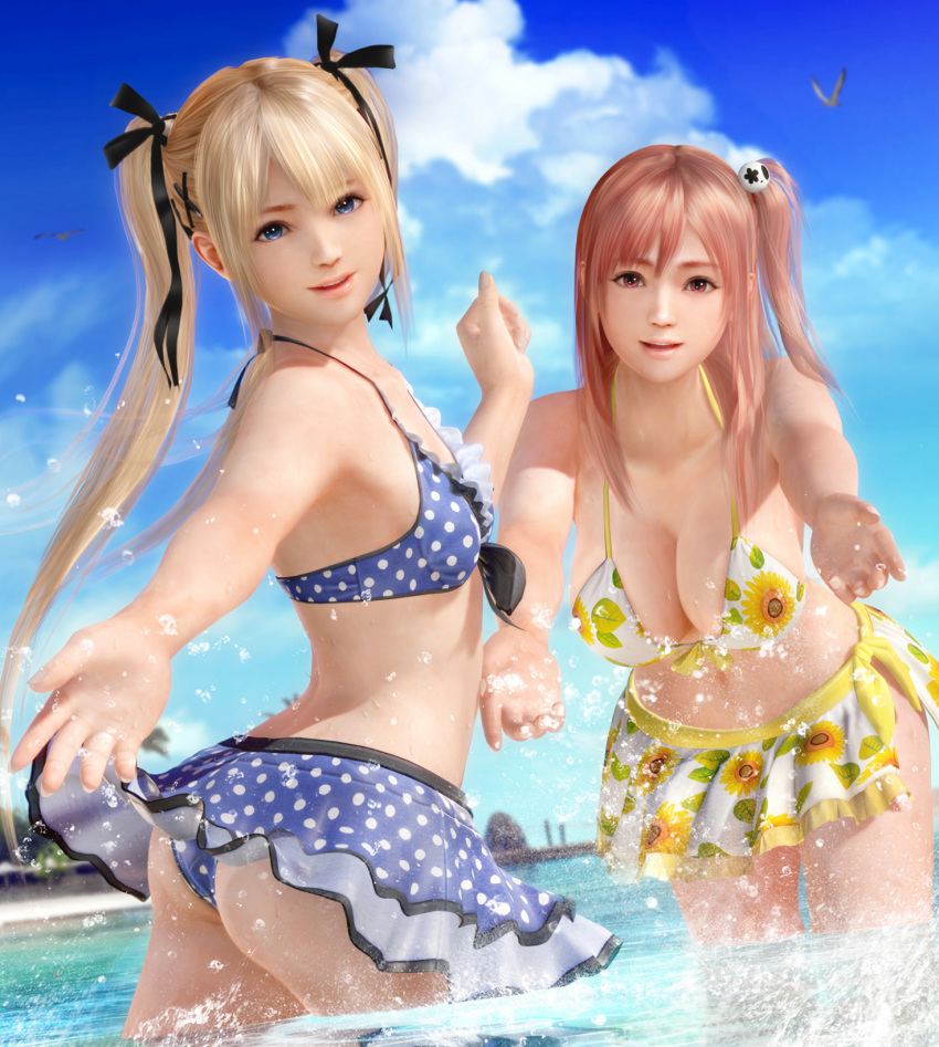2girls 3d ass bangs bikini bikini_skirt bird blonde_hair blue_sky breasts cleavage clouds cloudy_sky dead_or_alive dead_or_alive_xtreme floral_print hair_ornament hair_ribbon highres honoka_(doa) large_breasts marie_rose miniskirt multiple_girls navel official_art outside pink_hair polka_dot polka_dot_bikini polka_dot_swimsuit ribbon side_ponytail skirt sky small_breasts smile splashing stomach swimsuit twintails water