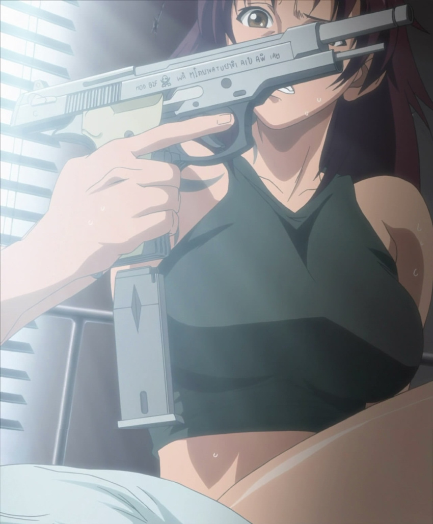 1girl bare_shoulders beretta_92 black_lagoon female gun handgun indoors revy_(black_lagoon) screencap solo stitched sweat weapon