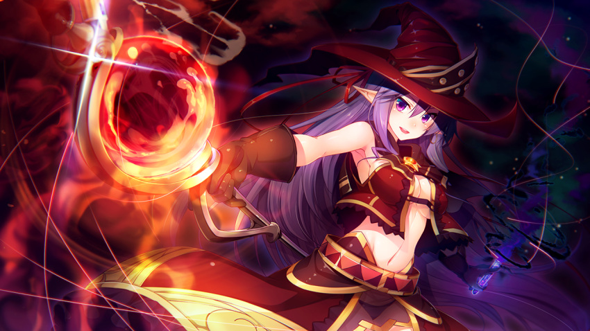 1girl belt female game_cg hat holding holding_weapon long_hair magic midriff navel open_mouth potion purple_hair shannon_fiszer sleeveless smile solo staff tou_no_shita_no_exercitus under_boob violet_eyes weapon witch witch_hat