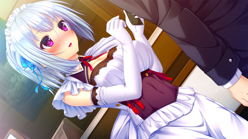 1girl blush breasts cleavage dutch_angle elbow_gloves game_cg giga_(company) gloves highres izumo_kasumi_(ren'ai_phase) large_breasts long_hair looking_at_another maid maid_headdress nironiro open_mouth picture_(object) pink_eyes ponytail ren'ai_phase smile solo_focus standing white_hair