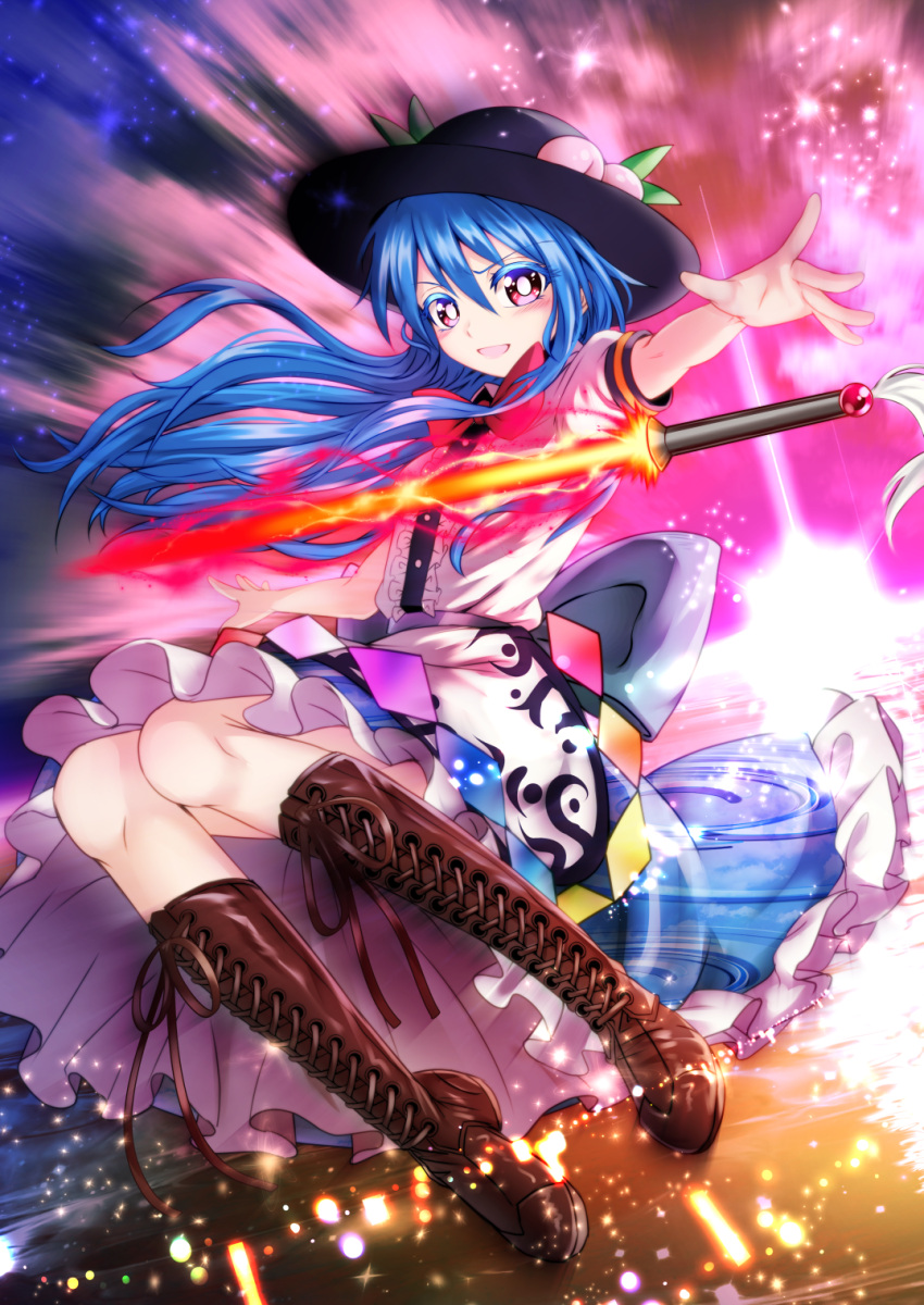 1girl apron blue_hair blue_skirt boots brown_footwear colored_eyelashes commentary_request cross-laced_footwear energy_sword hat highres hinanawi_tenshi lace-up_boots lightsaber long_hair looking_at_viewer nomayo outstretched_arm petticoat red_eyes skirt sword sword_of_hisou touhou weapon
