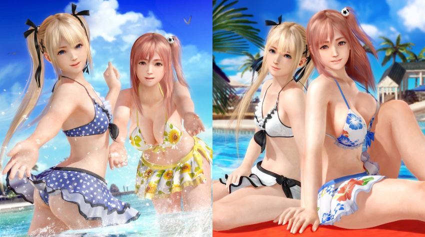 2girls 3d ass bikini blonde_hair blue_eyes breasts dead_or_alive dead_or_alive_xtreme_3_fortune honoka_(doa) marie_rose multiple_girls official_art outdoors pink_hair sky swimsuit