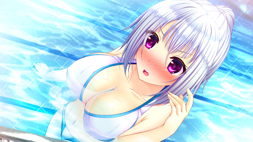 1girl bikini blush breasts cleavage collarbone embarrassed female game_cg giga_(company) highres izumo_kasumi_(ren'ai_phase) large_breasts legs long_hair looking_away navel nironiro open_mouth partially_submerged pink_eyes ponytail pool ren'ai_phase solo standing swimsuit thighs water wet white_hair