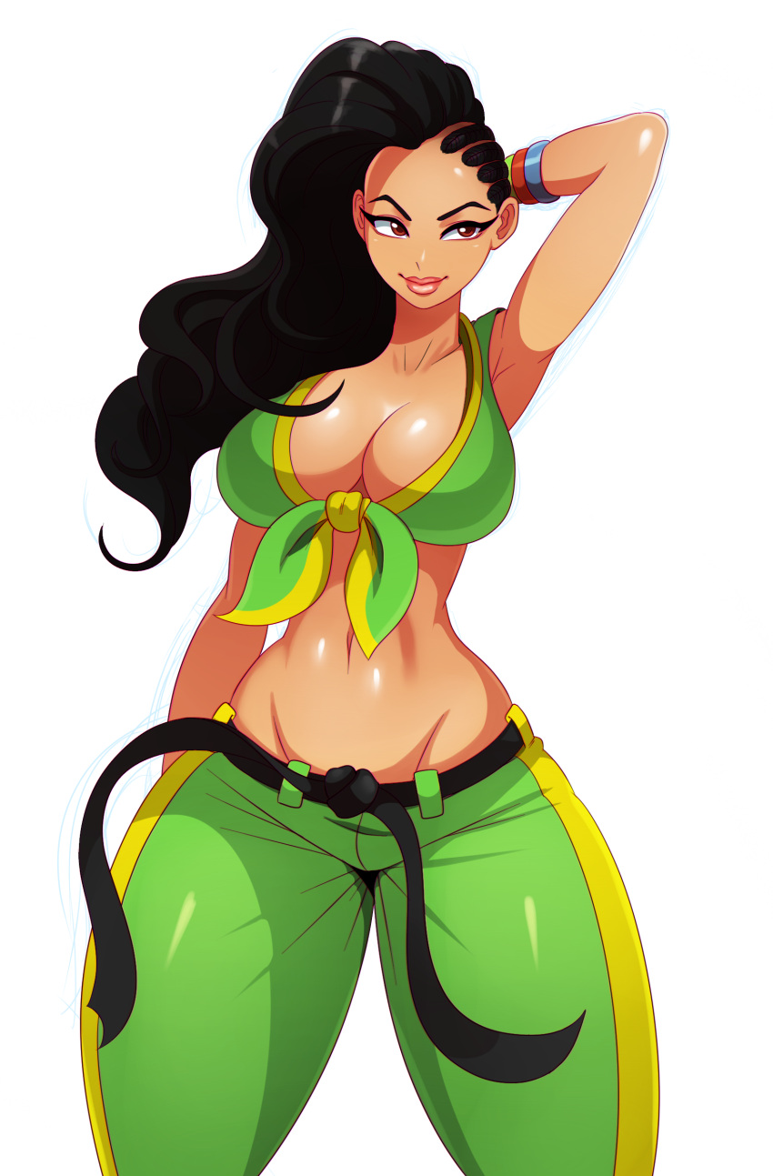 1girl arm_behind_head arm_up asymmetrical_hair belt black_belt black_hair bracelet brazilian breasts cleavage cornrows curvy eric_lowery front-tie_top jewelry laura_matsuda lowleg lowleg_pants midriff mound_of_venus navel pants simple_background solo stomach street_fighter street_fighter_v thick_lips thick_thighs vest