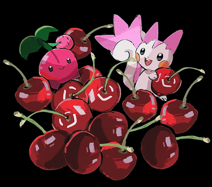 :d alternate_color anzu_(01010611) black_background black_eyes cherry cherubi closed_mouth food fruit highres holding no_humans open_mouth pachirisu pokemon pokemon_(creature) shiny_pokemon simple_background smile symbol-only_commentary teeth tongue upper_teeth