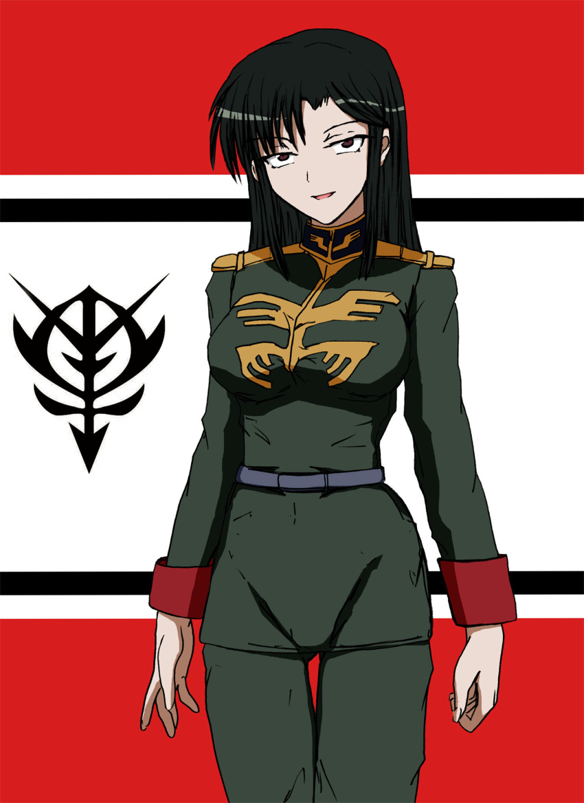 1girl 80s belt cima_garahau green_hair gundam gundam_0080 highres katarina_rina long_hair military military_uniform standing uniform zeon