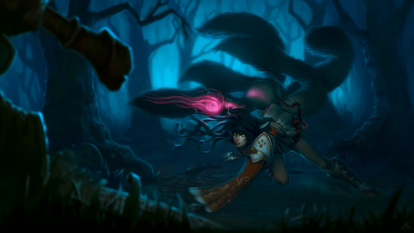 1girl ahri animal_ears black_hair dgatrick energy_ball facial_mark fighting_stance forest fox_ears fox_tail glowing glowing_eyes glowing_hand league_of_legends motion_blur multiple_tails nature night solo tail tree whiskers yellow_eyes