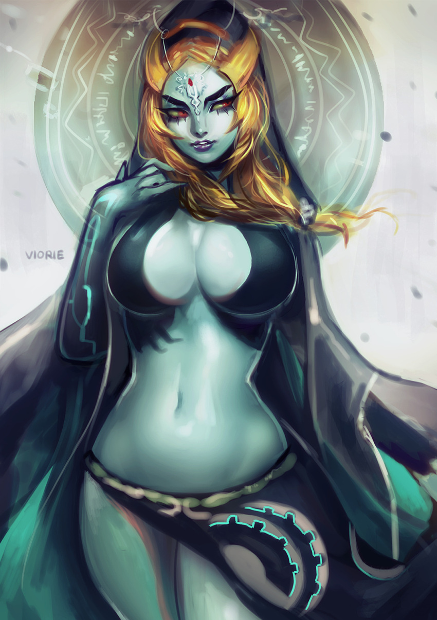 1girl breasts cloak jewelry midna midna_(true) navel orange_hair parted_lips red_eyes sarong solo spoilers stomach the_legend_of_zelda the_legend_of_zelda:_twilight_princess viorie yellow_sclera