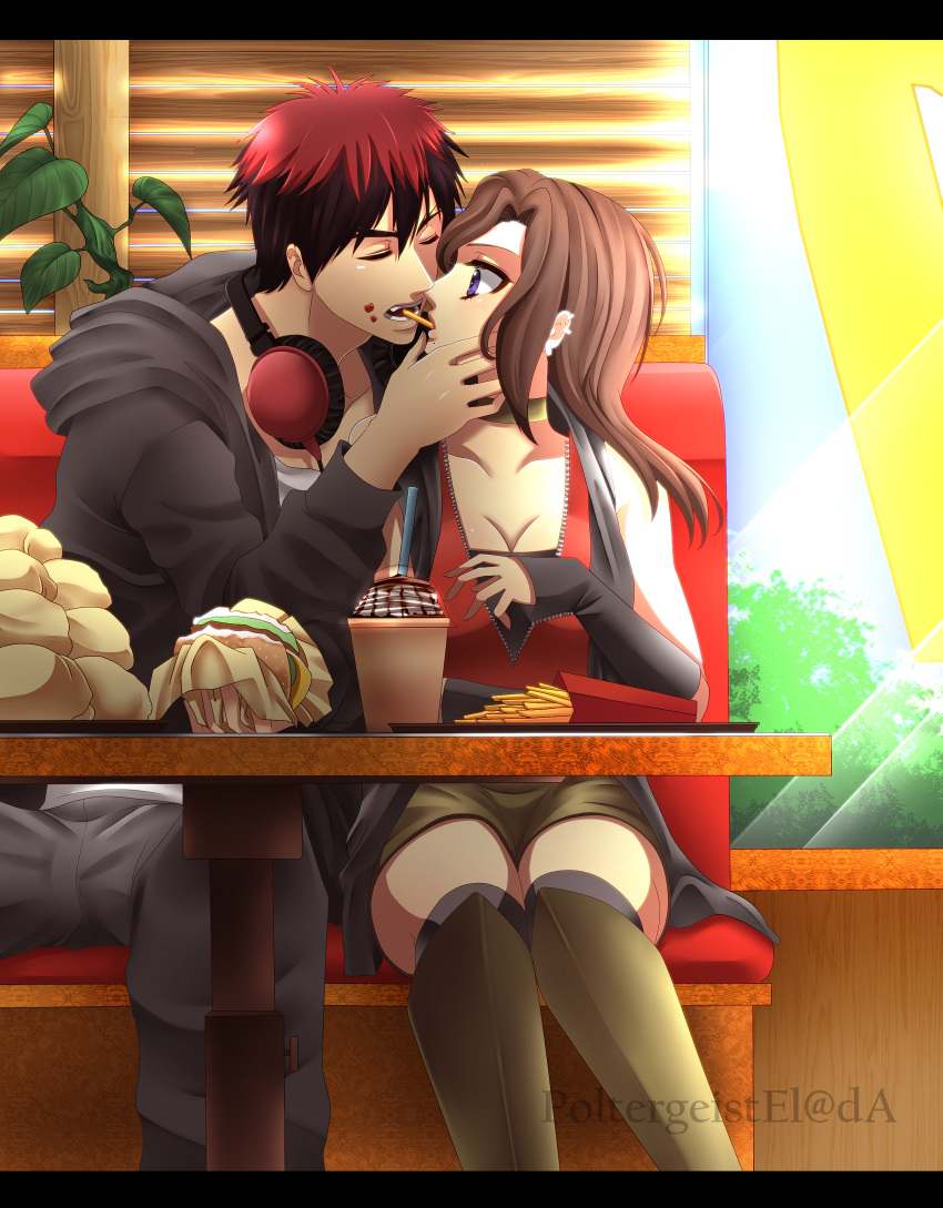 absurdres artist_name breasts brown_hair choker cleavage closed_eyes ear_piercing earrings food food_in_mouth food_on_face french_fries hamburger headphones headphones_around_neck highres hood hoodie incipient_kiss jewelry kagami_taiga kneehighs kuroko_no_basuke large_breasts letterboxed milkshake original piercing plant poltergeist-el redhead skirt violet_eyes window_shade zipper