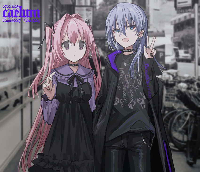 2girls :d :o bicycle black_choker black_dress black_jacket black_nails black_pants black_ribbon black_shirt blue_eyes blurry blurry_background character_name chihuri choker collared_shirt commentary_request cross cross_earrings dated depth_of_field dress ear_piercing earrings ende_(chihuri) frilled_dress frilled_shirt_collar frills grey_hair hair_between_eyes hair_intakes hair_ribbon hand_up highres hood hood_down hooded_jacket jacket jewelry long_sleeves multiple_girls nail_polish nea_(chihuri) open_clothes open_jacket original pants parted_lips photo_background piercing pink_hair puffy_long_sleeves puffy_sleeves purple_shirt ribbon shirt sleeveless sleeveless_dress smile standing two_side_up violet_eyes