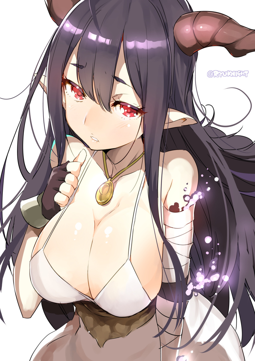 1girl antenna_hair bandage bandaged_arm black_gloves black_hair blush breasts cleavage danua doraf dress female fingerless_gloves gloves granblue_fantasy hair_between_eyes highres horns jewelry large_breasts long_hair looking_at_viewer naitou_ryuu necklace pointy_ears red_eyes solo white_dress