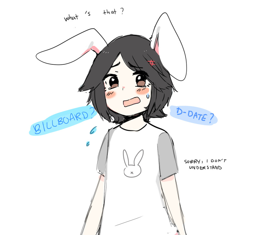 1boy 4chan animal_ears black_hair blush brown_eyes drawfag english flying_sweatdrops hair_ornament hairpin nishimura_hiroyuki_(4chan) open_mouth rabbit_ears shirt short_hair simple_background solo sweatdrop tears white_background