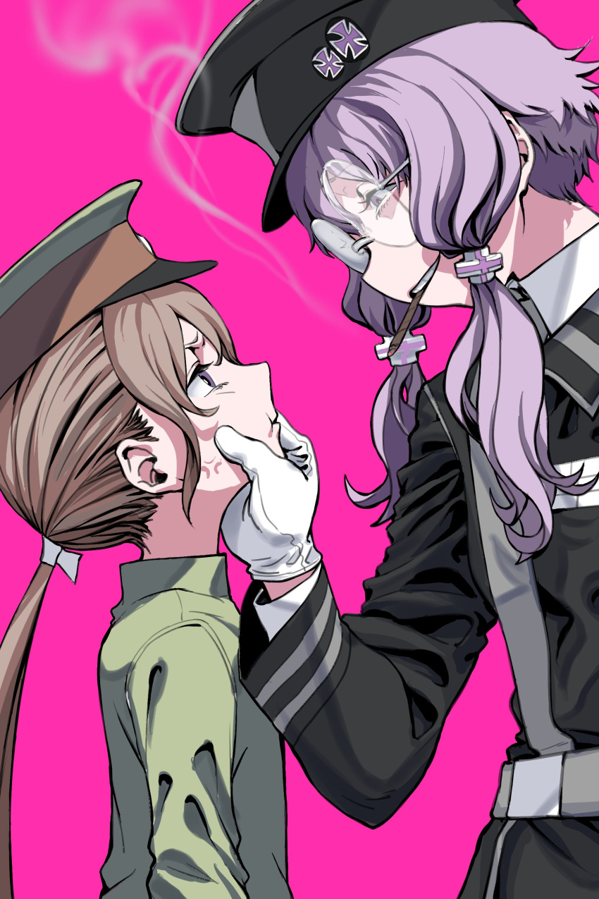 2girls absurdres alternate_costume anger_vein angry belt black_jacket brown_eyes brown_hair cheek_squash cigar collared_shirt commentary cross from_side glaring glasses gloves green_jacket grey_belt grin hair_ribbon half-closed_eyes hat height_difference high_collar highres iron_cross jacket light_purple_hair long_sleeves looking_at_another looking_down looking_up low_ponytail military_hat military_uniform mouth_hold multiple_girls pink_background profile ribbon round_eyewear shirt short_hair_with_long_locks simple_background smile smirk smoke_trail smoking smug tmasyumaro tsukuyomi_ai uniform upper_body v-shaped_eyebrows violet_eyes vocaloid voiceroid white_gloves white_ribbon white_shirt yuzuki_yukari