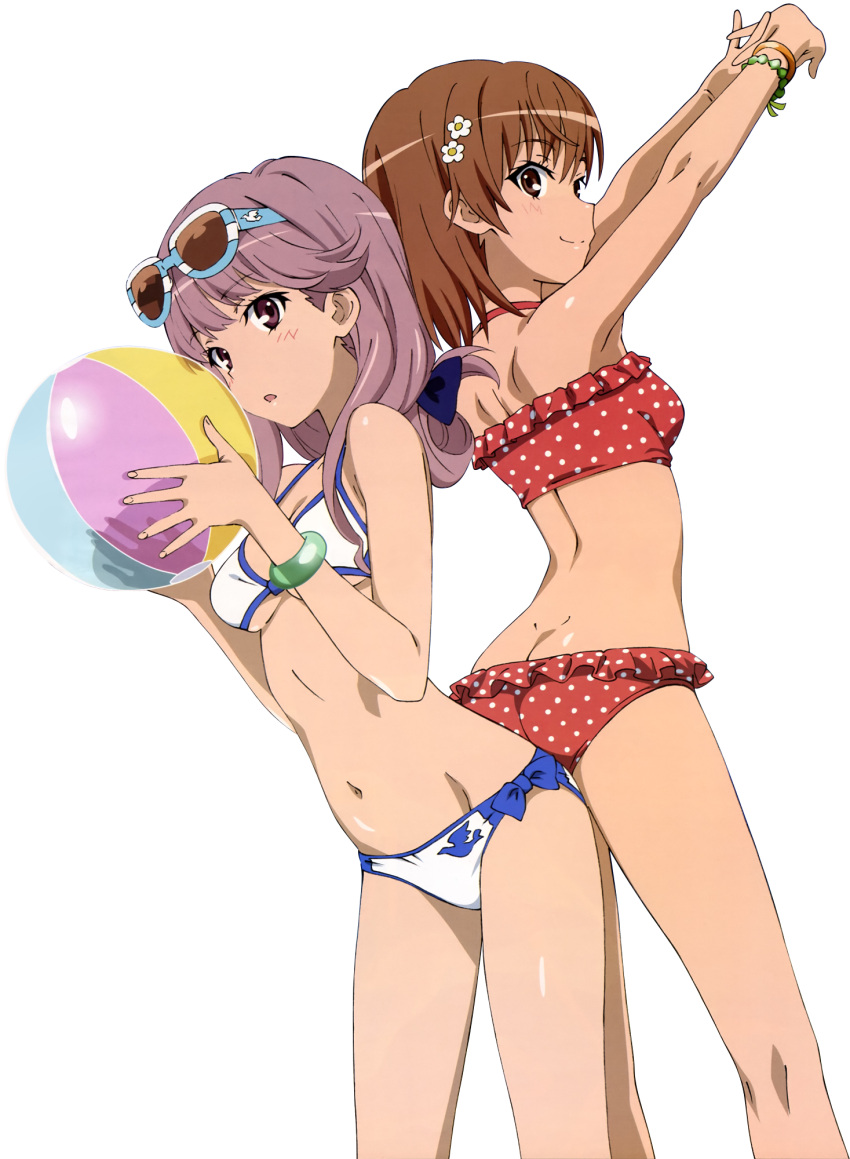 2girls ass ass-to-ass bikini breasts brown_eyes brown_hair butt_crack cleavage dimples_of_venus extraction highres holding_ball looking_at_viewer meigo_arisa misaka_mikoto multiple_girls navel purple_hair small_breasts smile swimsuit to_aru_majutsu_no_index transparent_background under_boob vector_trace