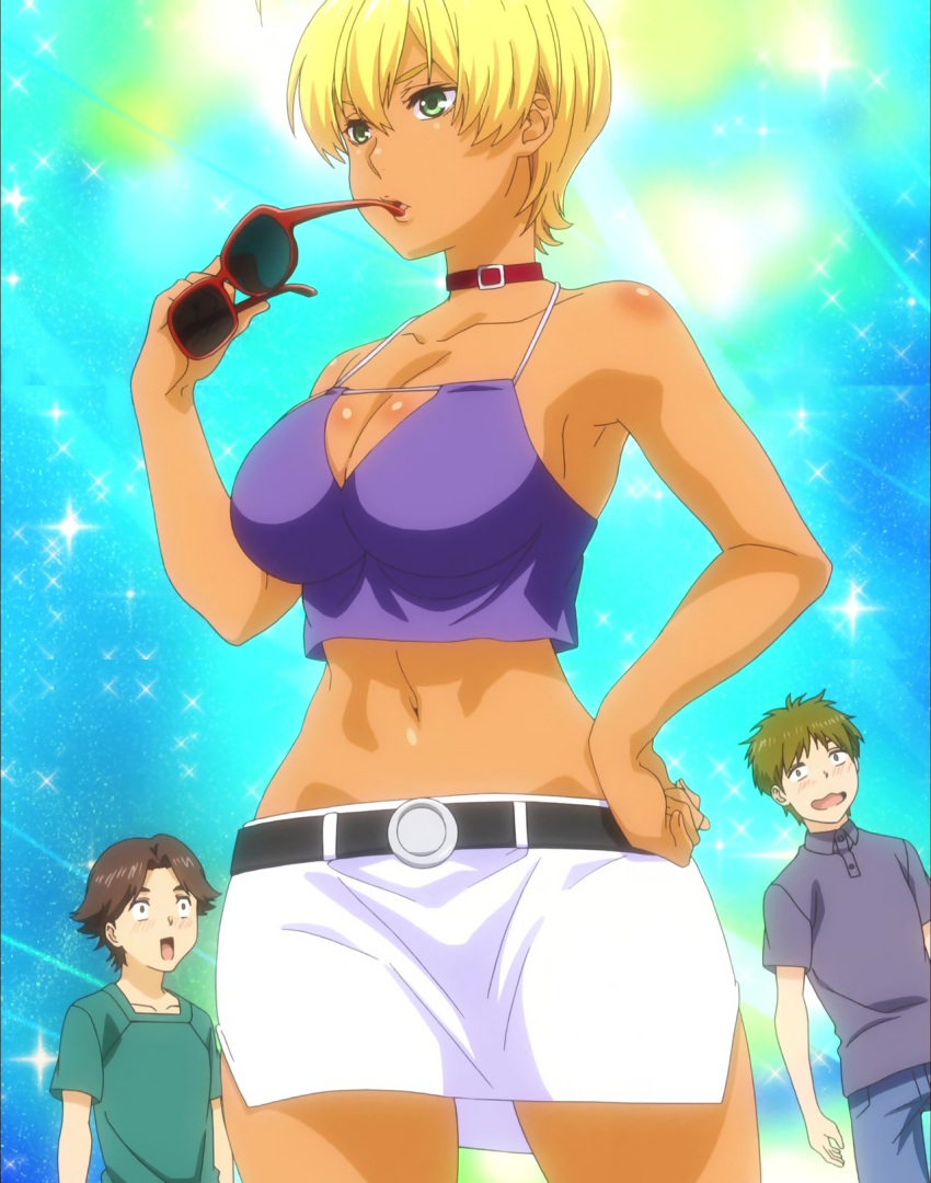 1girl 2boys bare_shoulders belt blonde_hair breasts choker female gradient gradient_background green_eyes hand_on_hip large_breasts mito_ikumi multiple_boys navel revealing_clothes screencap shokugeki_no_souma short_hair standing stitched sunglasses