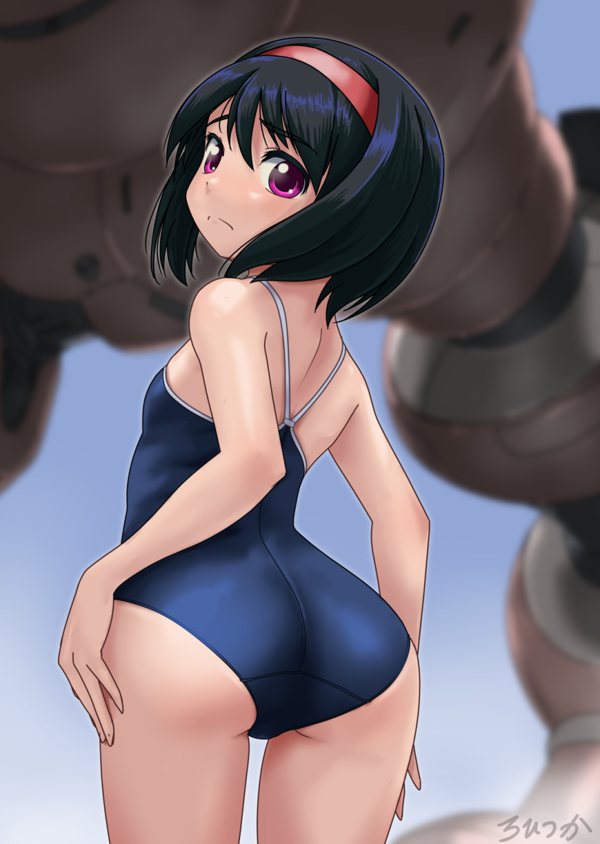 1girl ass black_hair blue_swimsuit commentary_request competition_school_swimsuit cowboy_shot from_behind hairband highres looking_at_viewer looking_back mecha original red_hairband robot rohitsuka school_swimsuit short_hair solo swimsuit twisted_torso violet_eyes
